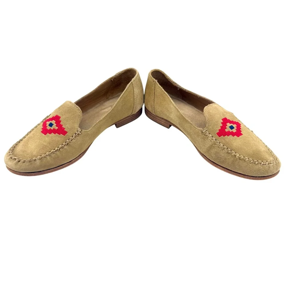 Soludos Tan Suede Smoking Loafers Size 8 Red Embroidered Slip On Flats